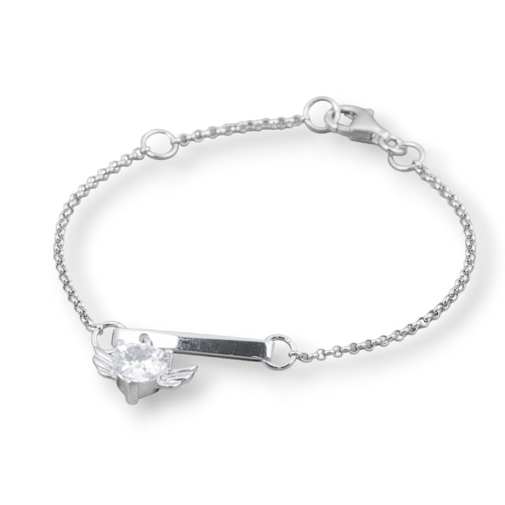 925 Silver Bracelet Design Italy With Central Winged Heart Length 19cm-16.5cm Rhodium Plated