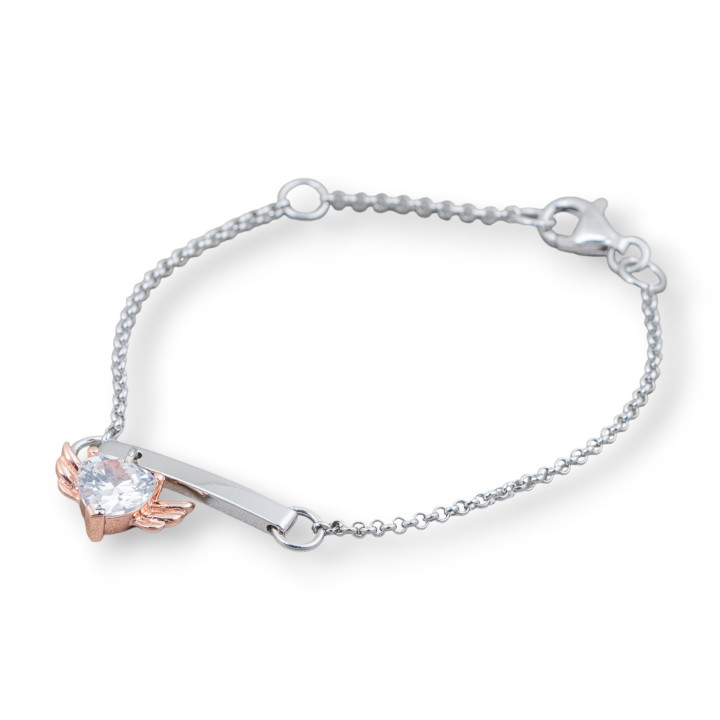 Design Italy Pulsera de Plata 925 con Corazón Alado Central Largo 19cm-16.5cm Rodio y Oro Rosa