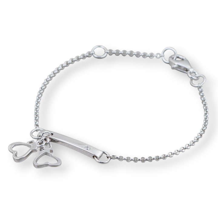 Pulsera de Plata 925 Diseño Italia Con Corazón Doble Centro Longitud 19cm-16.5cm Rodio