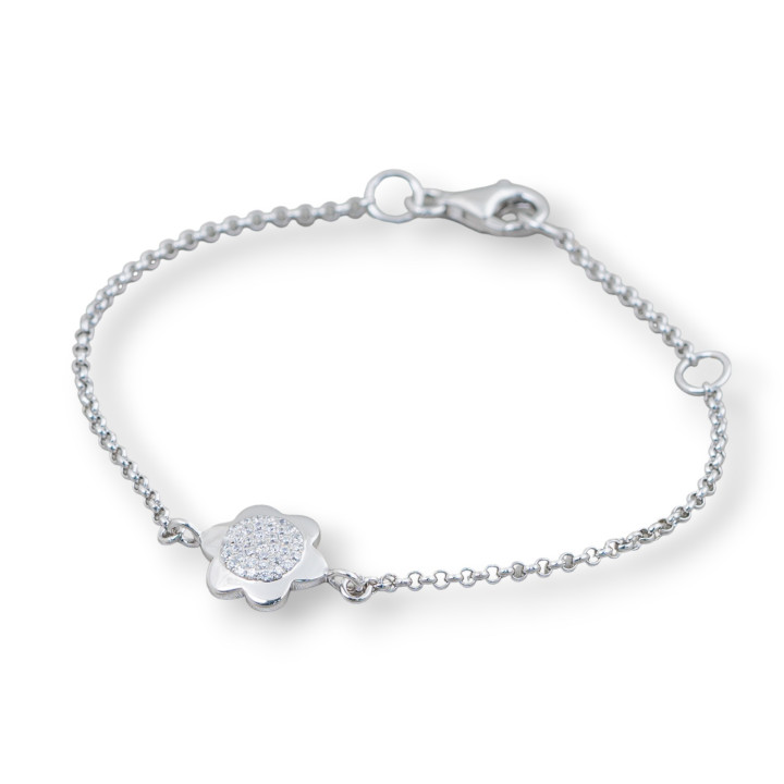 Bracelet en Argent 925 Design Italie Avec Fleur Brillante Centre Longueur 19cm-16.5cm Rhodié
