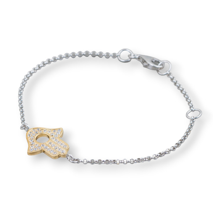 Pulsera de Plata 925 Diseño Italia Con Mano De Fátima Central Dorada Longitud 19cm-16.5cm Rodiada