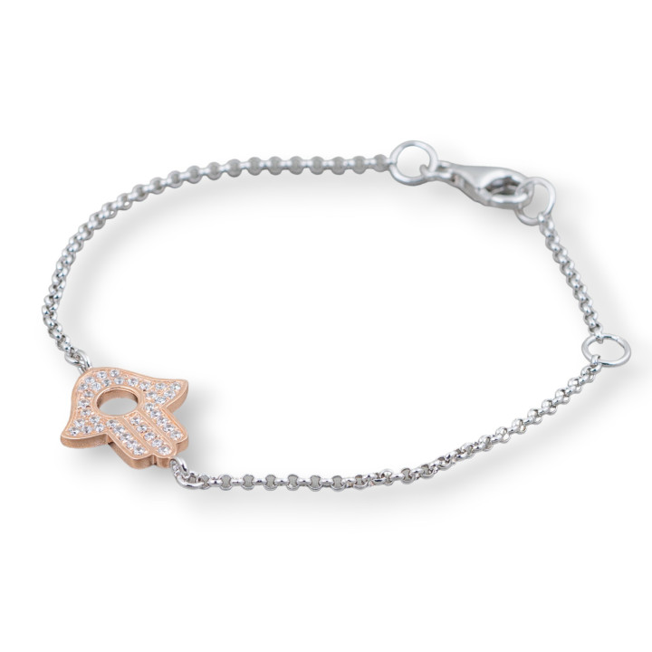 Bracciale Di Argento 925 Design Italy Con Centale Mano Di Fatima Oro Rosa Lunghezza 19cm-16,5cm Rodiato