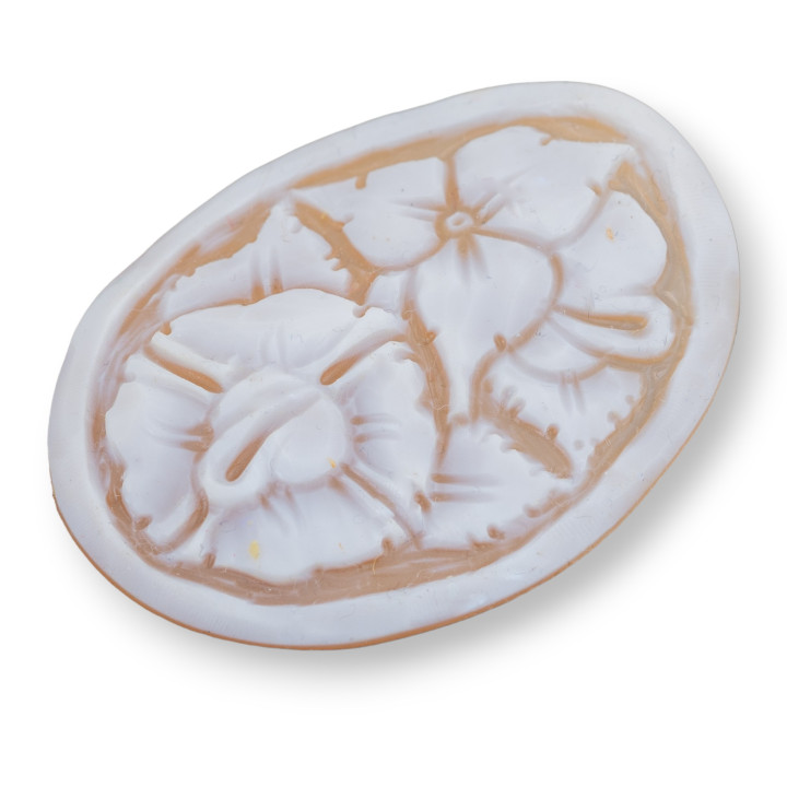 Cammeo Inciso A Mano Made In Italy Di Conchiglia Sardonica Fiori Ovale 40x50mm 1pz Mod6