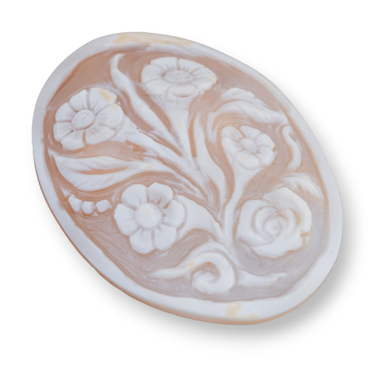Camafeo Grabado A Mano Hecho En Italia De Flores De Concha Sardónica Ovalado 42x55mm 1pc Mod1