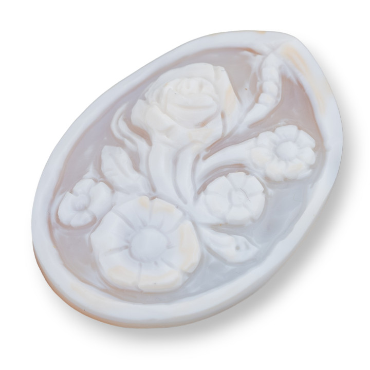 Hand Engraved Cameo Made in Italy of Sardonyx Shell Flowers Oval 42x55mm 1pc Mod2