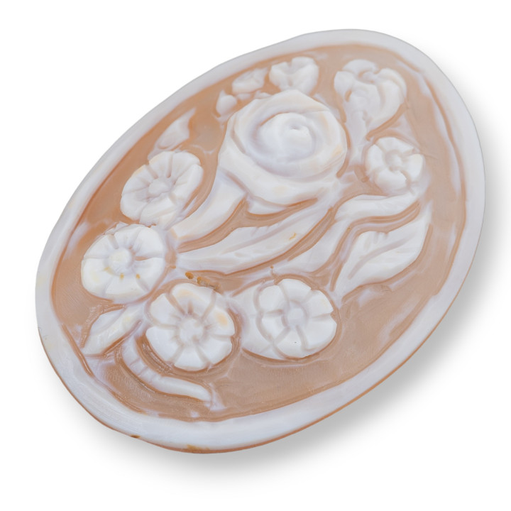 Cammeo Inciso A Mano Made In Italy Di Conchiglia Sardonica Fiori Ovale 46x60mm 1pz Mod2