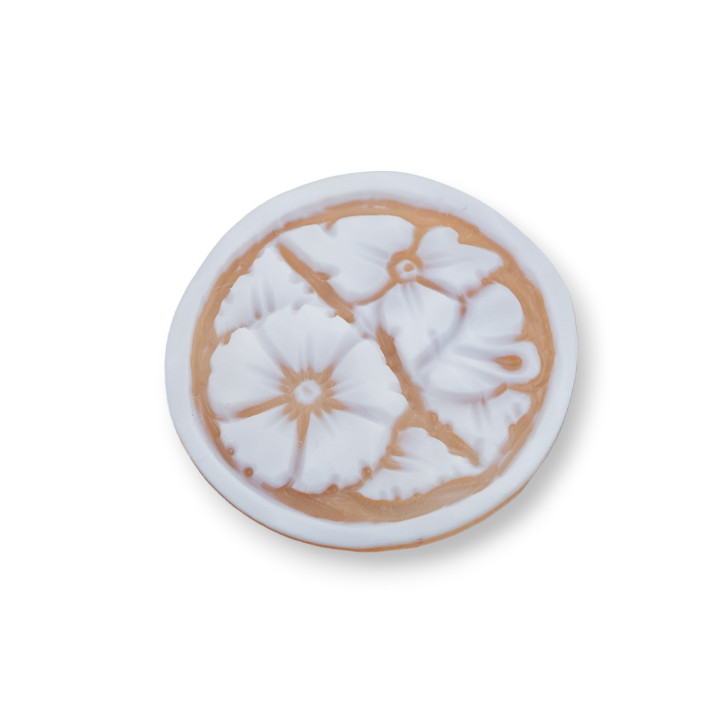 Hand Engraved Cameo Made in Italy of Sardonyx Shell Flowers Round 25mm 2pcs