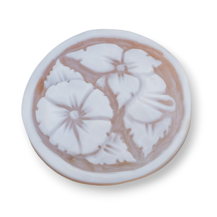 Hand Engraved Cameo Made in Italy of Sardonyx Shell Flowers Round 40mm 1pc