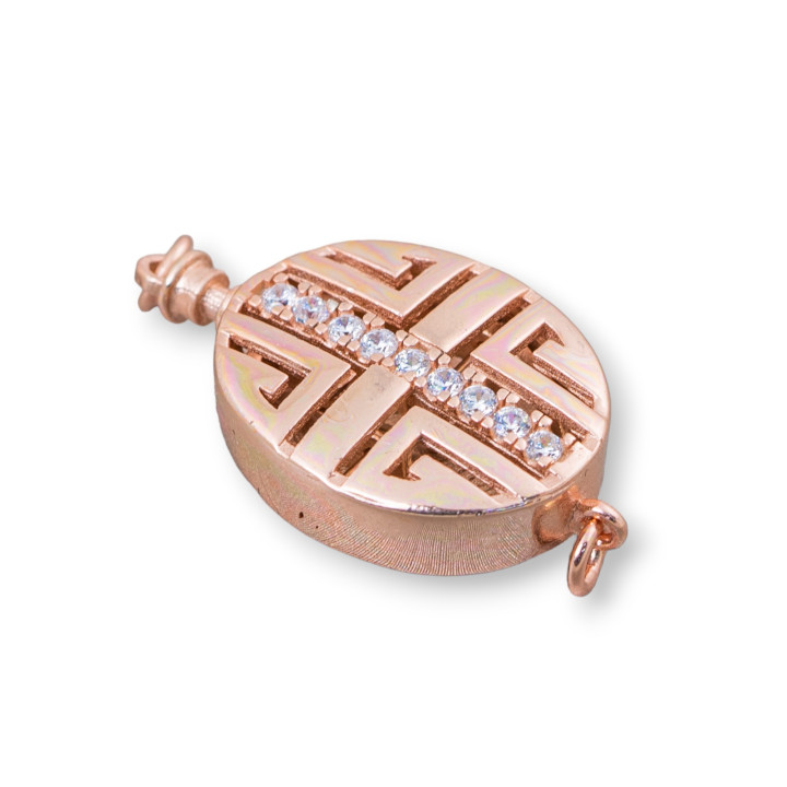925 Silver Clasp Oval Pattern With Zircons With Push Button Mechanism 15x20mm 1pc Rose Gold