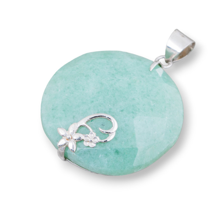 Colgante De Plata De Ley 925 Y Piedras Duras Redondo Plano Facetado 40mm Mod3 Aventurina Verde