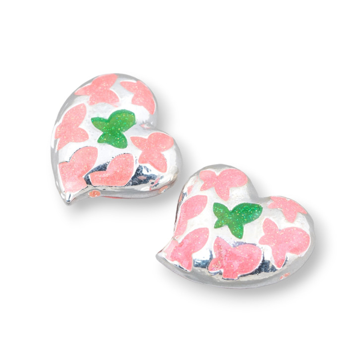 Connecteur Composant Perles Laiton Émail Coeur 20mm 6pcs Argent Rose Vert