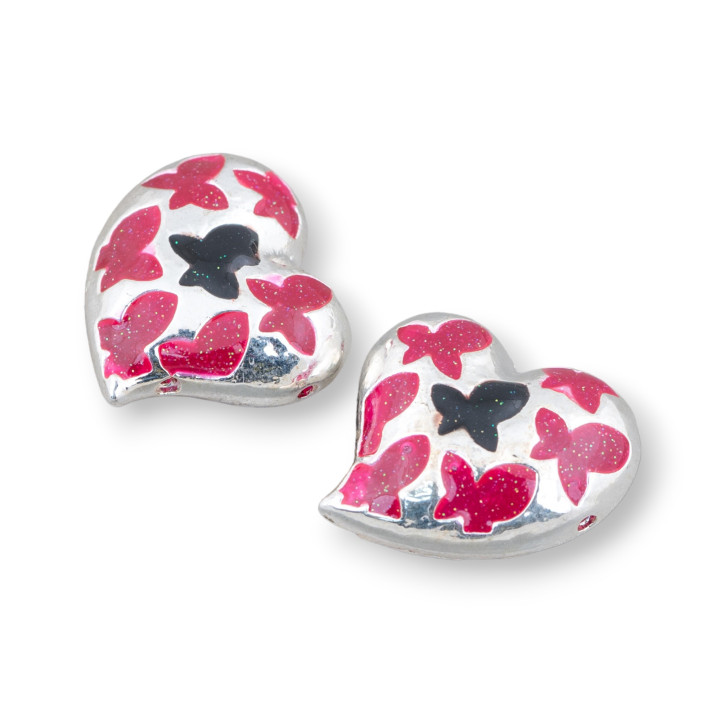 Conector Componente Abalorios Latón Esmaltado Corazón 20mm 6pcs Plata Rojo Y Negro