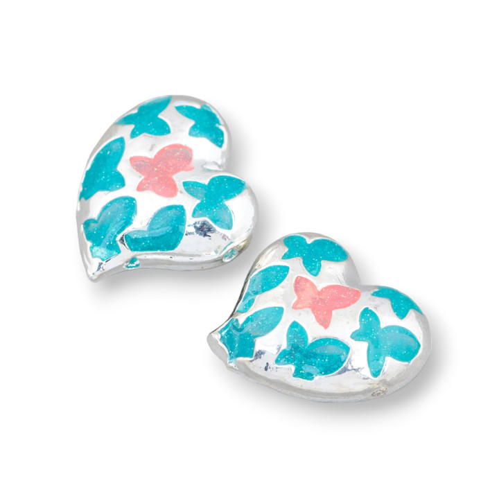 Connector Component Enamelled Brass Beads Heart 20mm 6pcs Silver Turquoise Pink