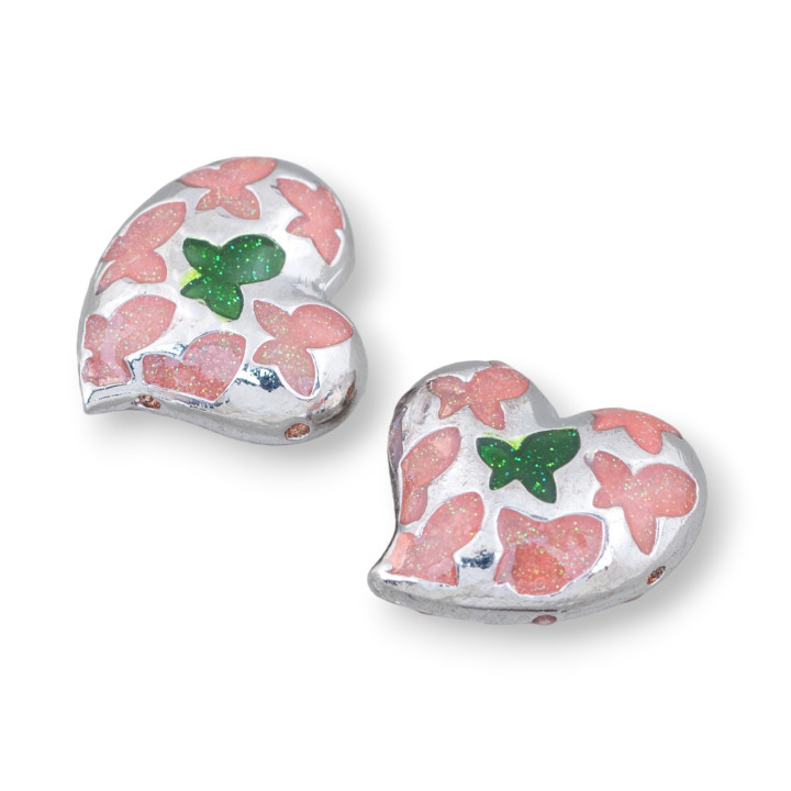 Connecteur Perles Composantes Laiton Emaillé Coeur 20mm 6pcs Rhodium Rose Vert