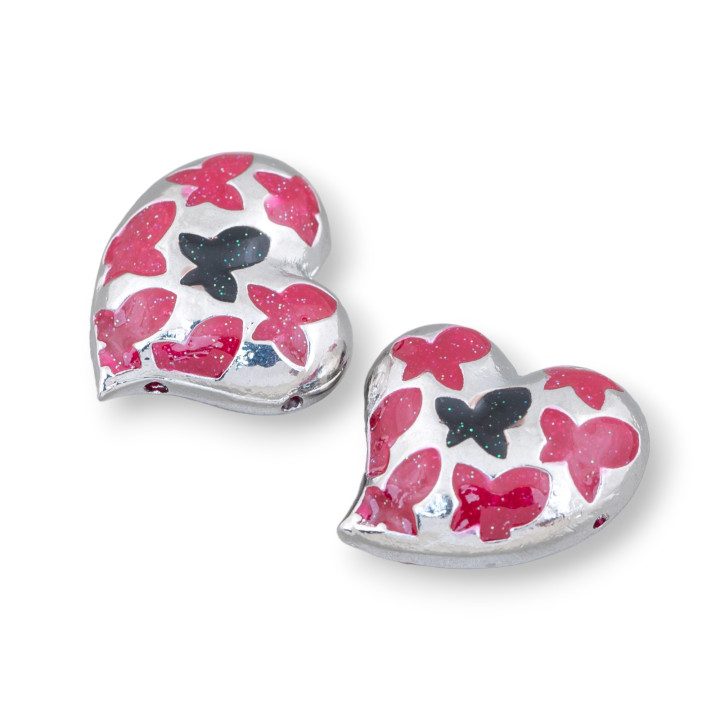 Connecteur Composant Perles Laiton Coeur Emaillé 20mm 6pcs Rhodium Rouge Noir