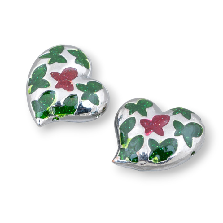 Connecteur Composant Perles Laiton Emaillé Coeur 20mm 6pcs Rhodium Vert Rouge