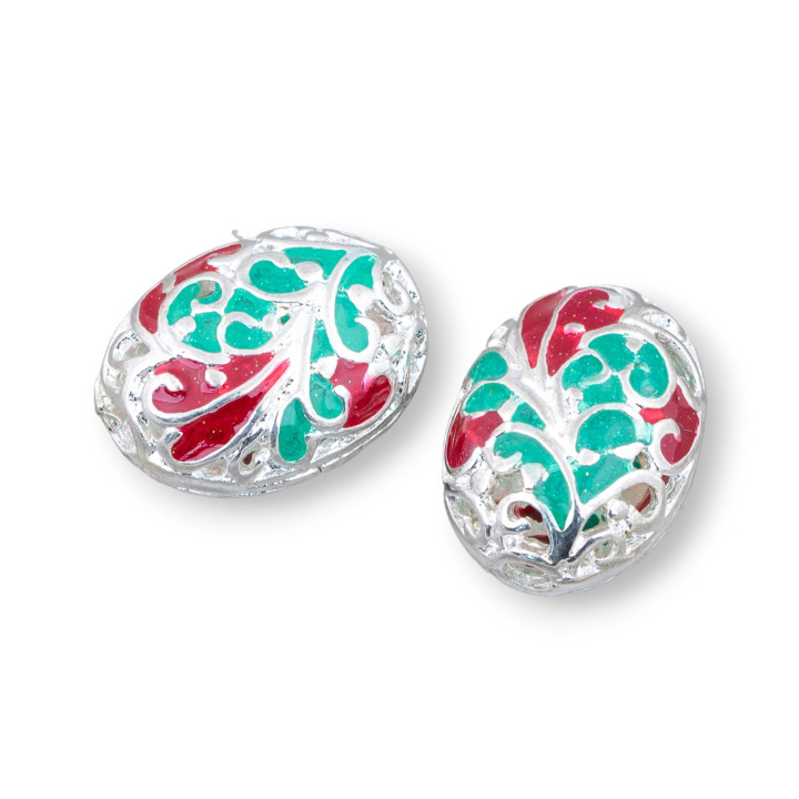 Connecteur Composant Laiton Emaillé Perles Ovale 15x20mm 6pcs Argent Vert Et Rouge