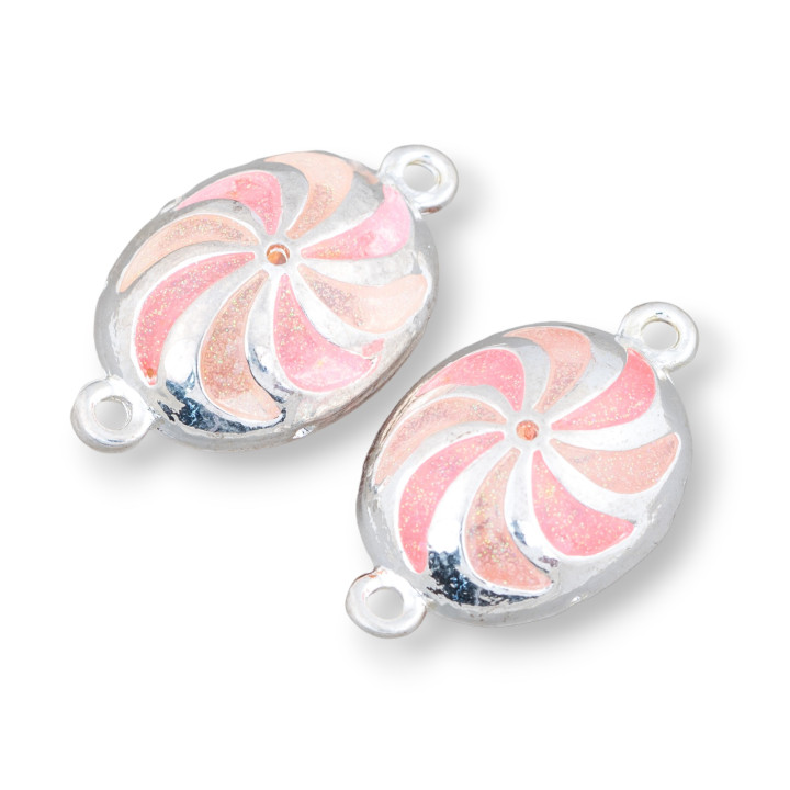 Oval Enamelled Brass Bead Connector Component with 2 Rings 18x30mm 6pcs Silver Plated Pink