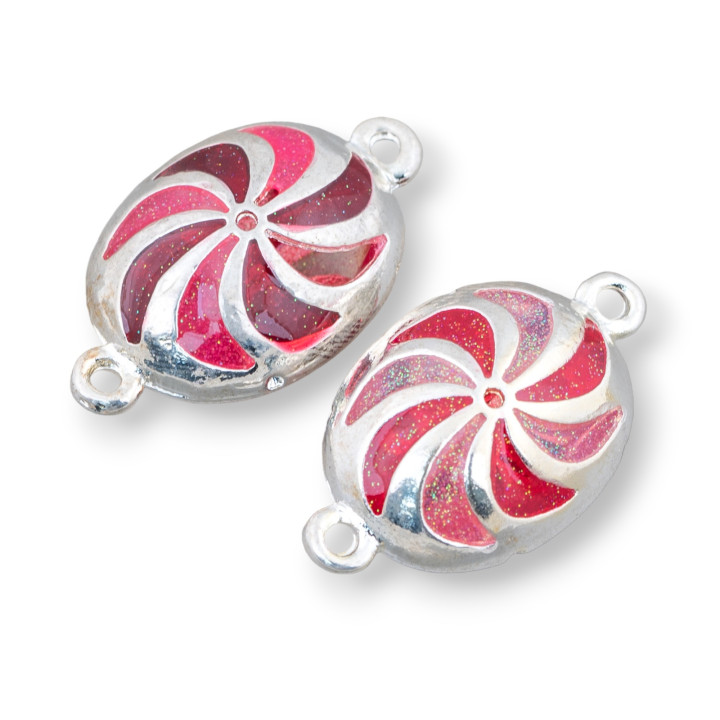 Connecteur Composant Laiton Emaillé Perles Ovale Avec 2 Anneaux 18x30mm 6pcs Argent Rouge