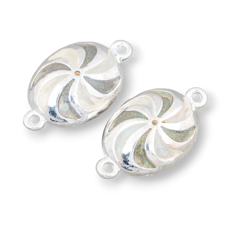 Connecteur Composant Laiton Emaillé Perles Ovale Avec 2 Anneaux 18x30mm 6pcs Vert Argenté