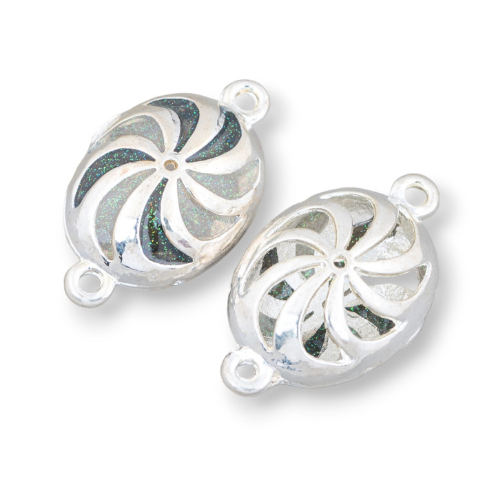 Connecteur Composant Laiton Email Perles Ovale Avec 2 Anneaux 18x30mm 6pcs Argent Vert Foncé
