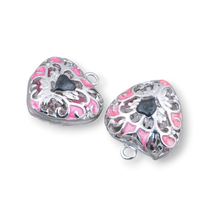 Connector Component Enamelled Brass Beads Heart Pendant 18x21mm 6pcs Rhodium Plated Pink Black