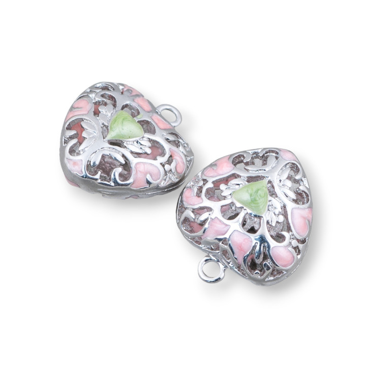 Connector Component Enamelled Brass Beads Heart Pendant 18x21mm 6pcs Rhodium Plated Pink Green
