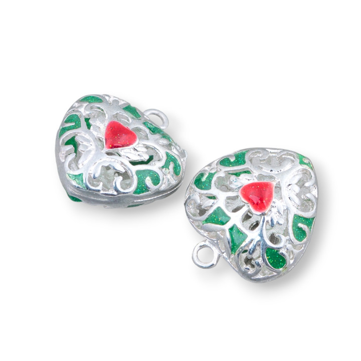 Connector Component Enamelled Brass Beads Heart Pendant 18x21mm 6pcs Rhodium Plated Green Red