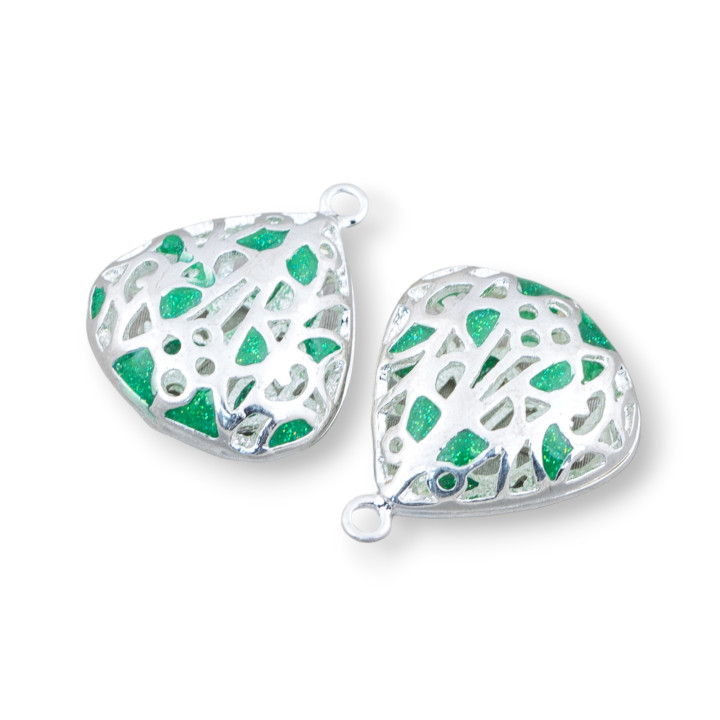 Conector Componente Latón Esmaltado Perlas Colgante Gotas 19x23mm 6pcs Verde Plata