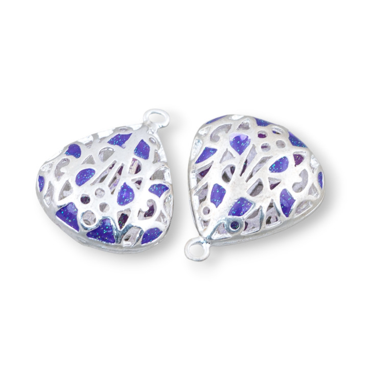 Connecteur Composant Laiton émaillé Perles Pendentif Goutte 19x23mm 6pcs Plaqué Argent Violet