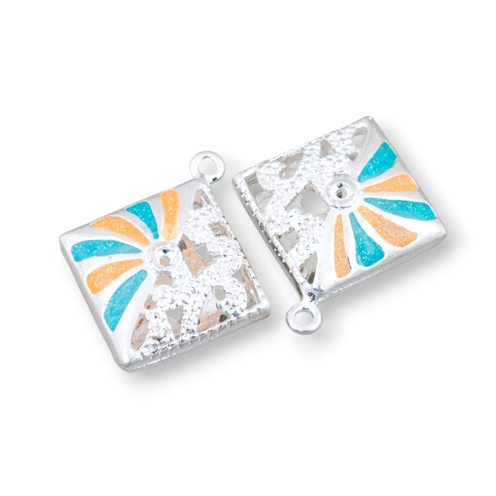 Componente de conector Abalorios de latón esmaltado Rombo Colgante 22x25mm 6pcs Plata Turquesa Amarillo