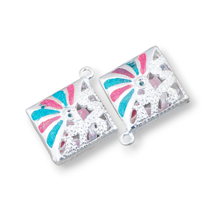 Connector Component Enamelled Brass Beads Rhombus Pendant 22x25mm 6pcs Silver Turquoise Red