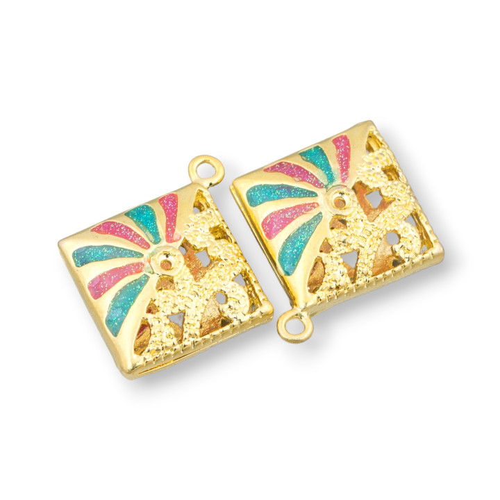 Connector Component Enamelled Brass Beads Rhombus Pendant 22x25mm 6pcs Golden Turquoise Pink