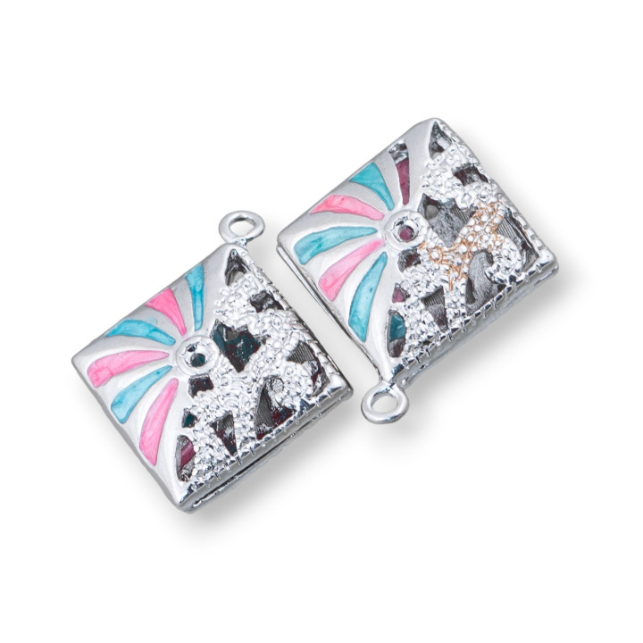 Connector Component Enamelled Brass Beads Rhombus Pendant 22x25mm 6pcs Rhodium Plated Turquoise Pink