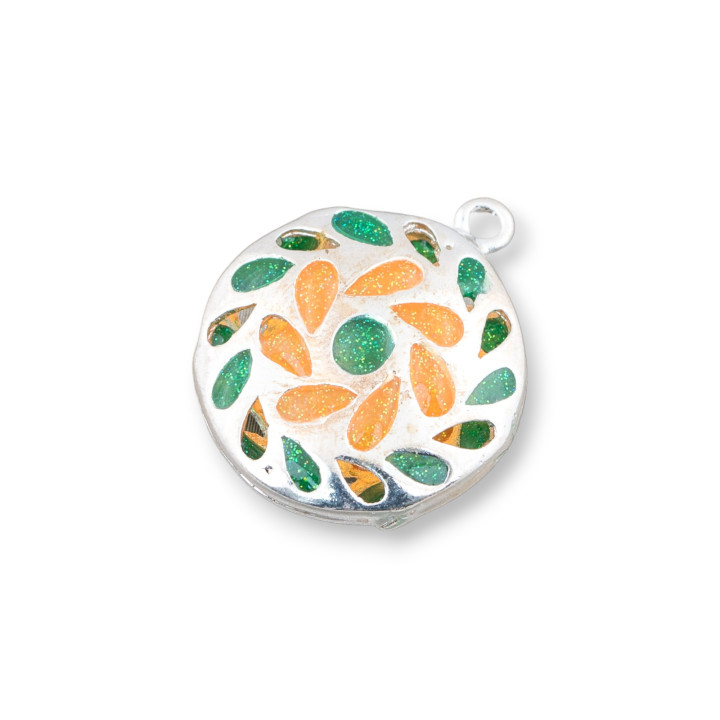 Connector Component Enamelled Brass Beads Flat Round Pendant 20mm 6pcs Silver Green Orange