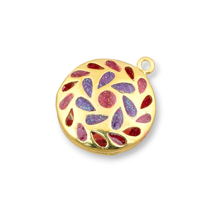 Componente Connettore Perline Di Ottone Smaltato Pendente Tondo Piatto 20mm 6pz Dorato Rosso Viola