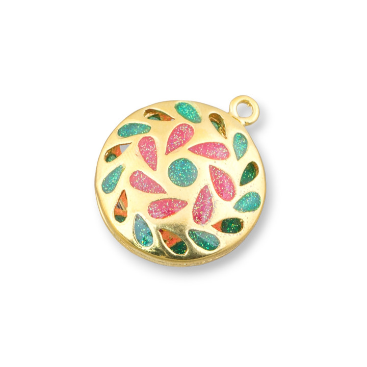 Componente Connettore Perline Di Ottone Smaltato Pendente Tondo Piatto 20mm 6pz Dorato Verde Fucsia