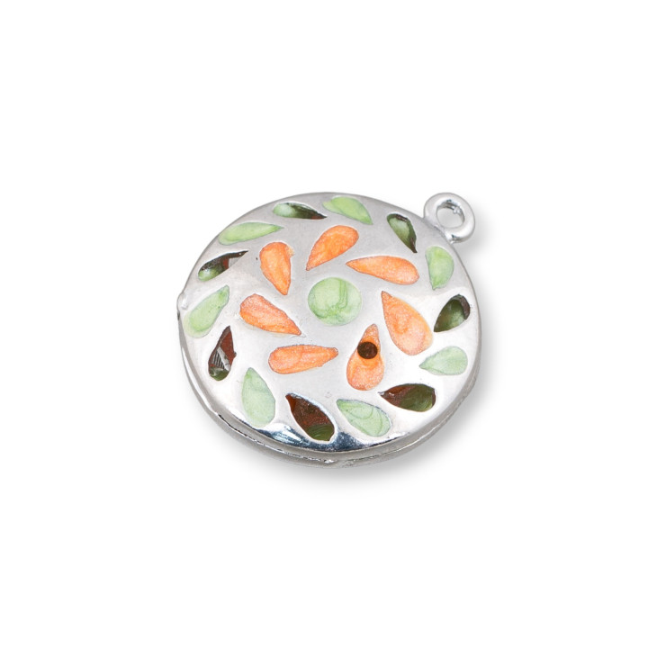 Verbindungselement, emaillierte Messingperlen, rund, flach, Anhänger, 20 mm, 6 Stück, Rhodium, Grün, Orange