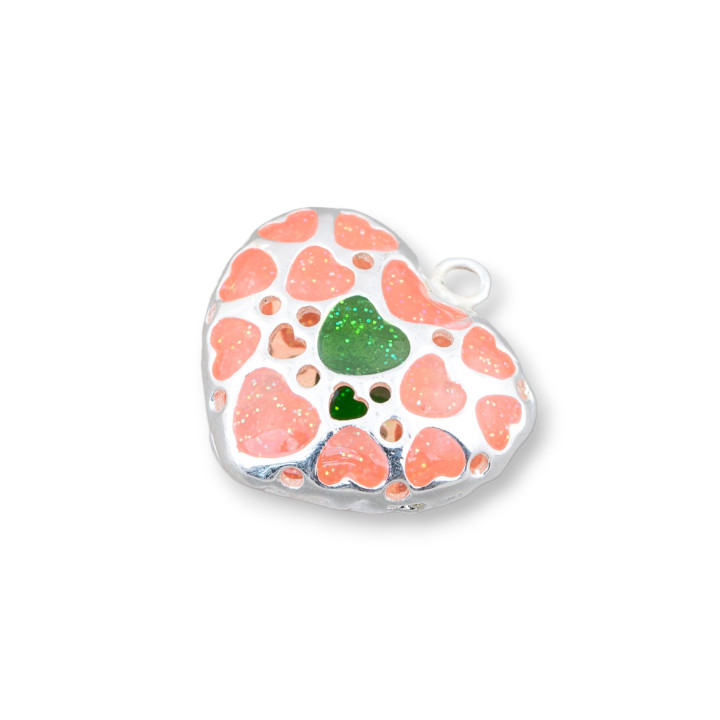 Componente Connettore Perline Di Ottone Smaltato Perline Cuore 24mm 6pz Argentato Rosa E Verde