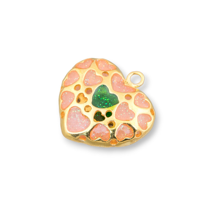 Verbindungskomponente Messingperlen Emaillierte Herzperlen 24mm 6St Golden Pink Green