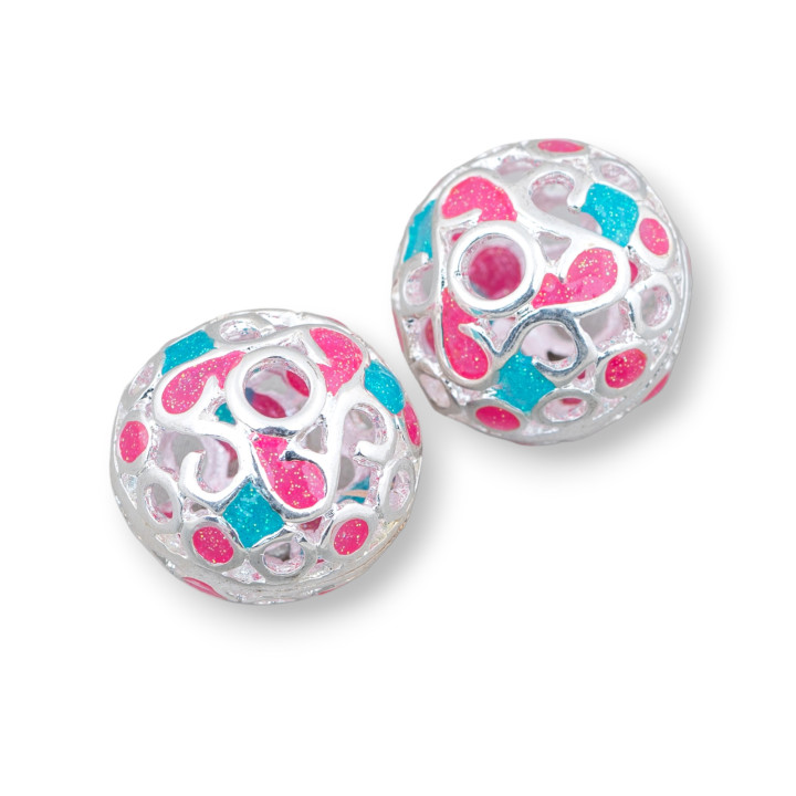 Connector Component Enamelled Brass Beads Sphere 19x16mm 6pcs Silver Red and Turquoise