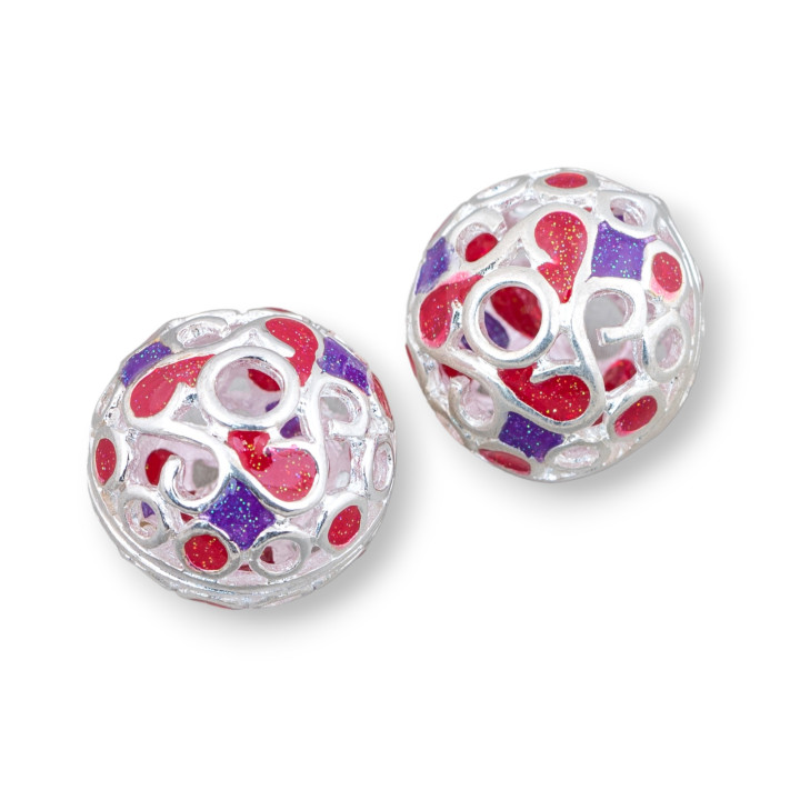 Componente Connettore Perline Di Ottone Smaltato Sfera 19x16mm 6pz Argentato Rosso E Viola