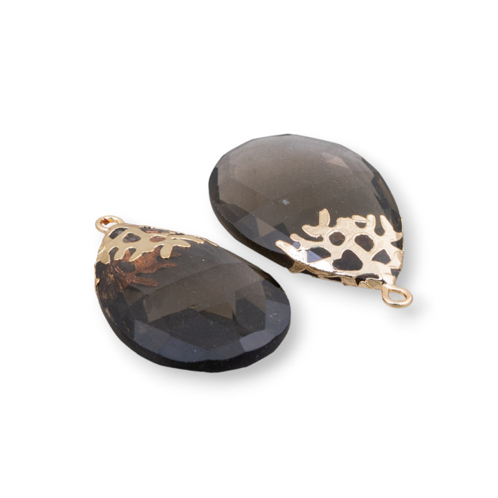 Brass Pendant Component With Faceted Cat's Eye 20x30mm 4pcs Smoked