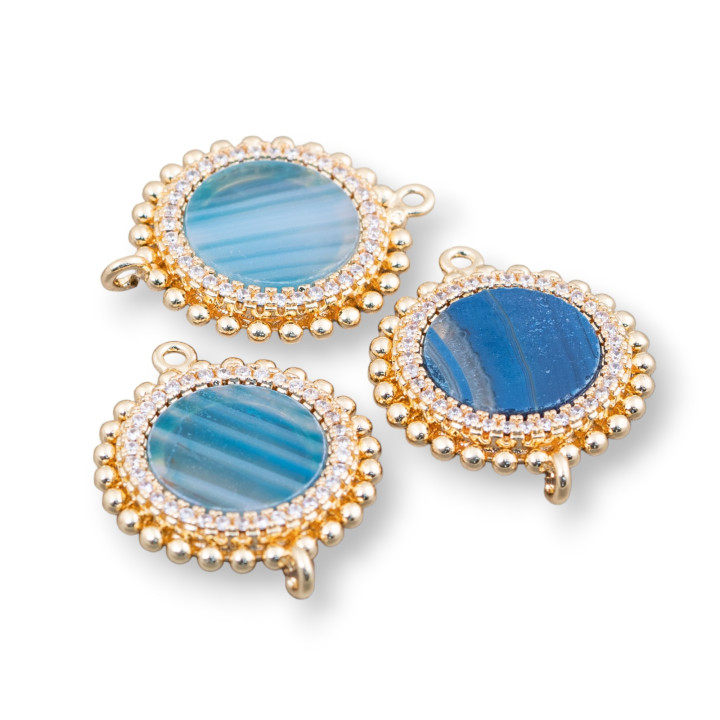 Conector Componente Latón Con Piedras Naturales Con 2 Anillos Y Circonitas Redondas 20mm 6pcs Ágata Rayada Azul