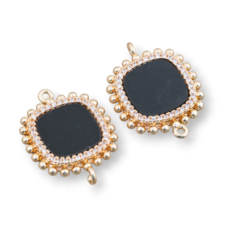 Brass Component Connector With Natural Stones With 2 Rings And Square Zircons 19mm 6pcs Black Onyx