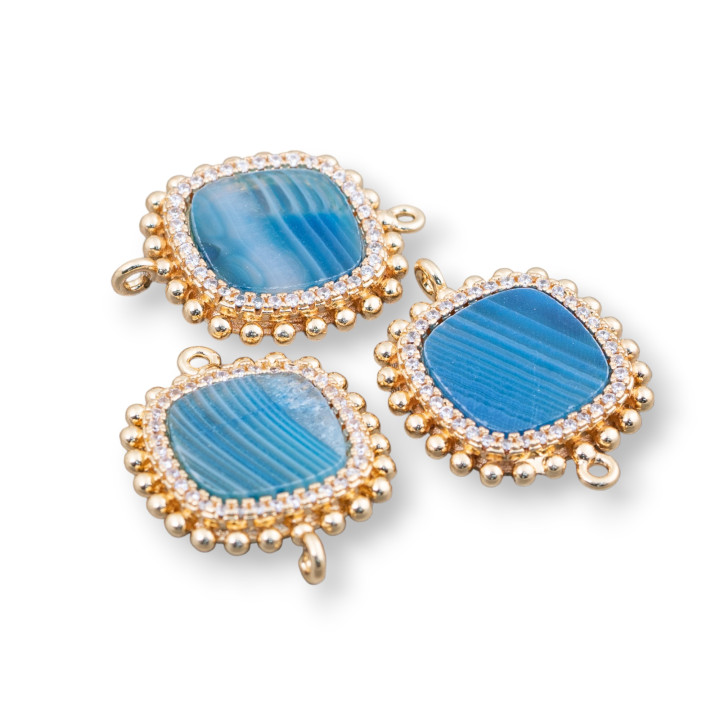 Brass Component Connector With Natural Stones With 2 Rings And Square Zircons 19mm 6pcs Blue Striated Agate