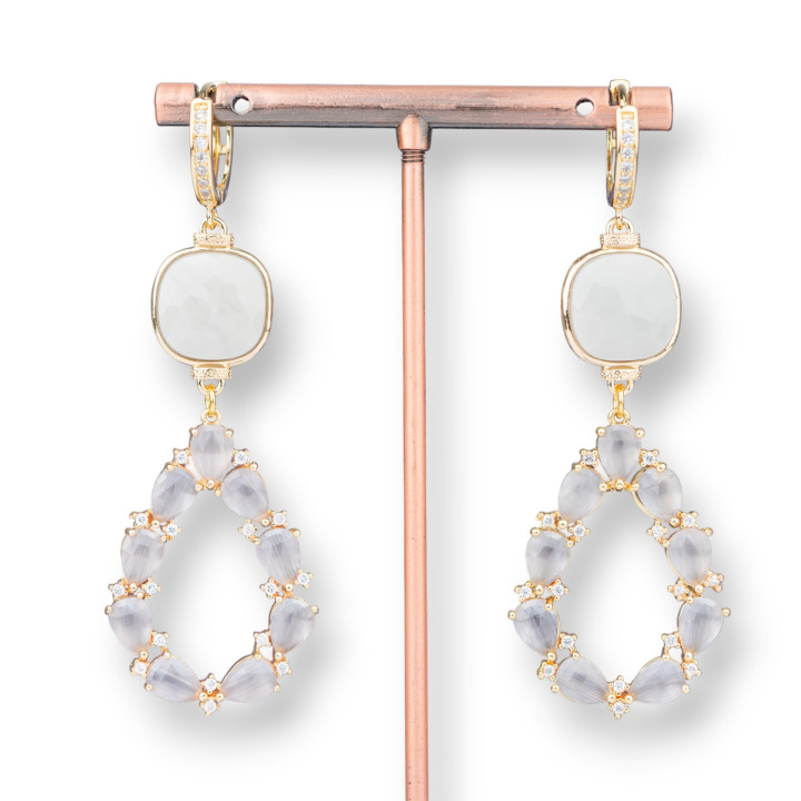 Boucles D'oreilles Tiges En Bronze Avec Cabochon Oeil De Chat Et Goutte Fantaisie 25x72mm MOD5