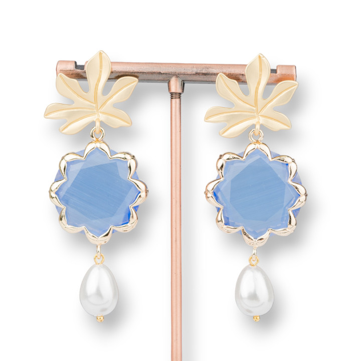 Pendientes Bolitas De Bronce Con Flor Ojo De Gato Y Perlas De Mallorca 30x68mm Indigo