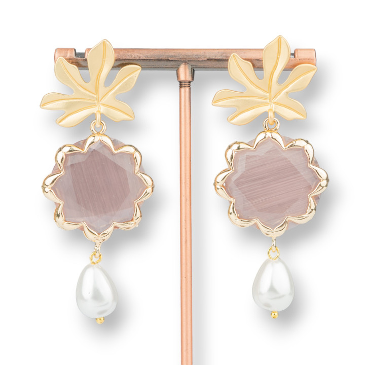 Pendientes Bolitas De Bronce Con Flor Ojo De Gato Y Perlas De Mallorca 30x68mm Polvo