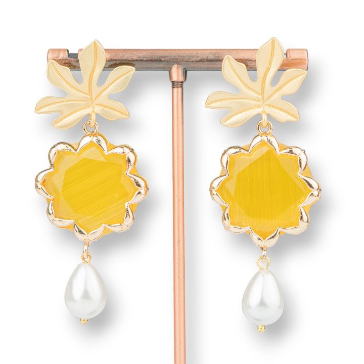 Bronze Stud Earrings with Flower Cat's Eye and Majorcan Pearls 30x68mm Yellow